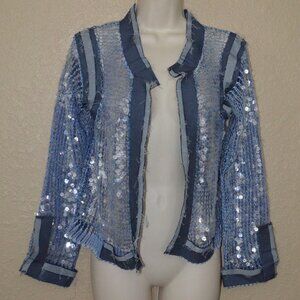 NWOT Sz S AVIU Blue Raw Hem Sequin Detail Cropped Jacket Blazer